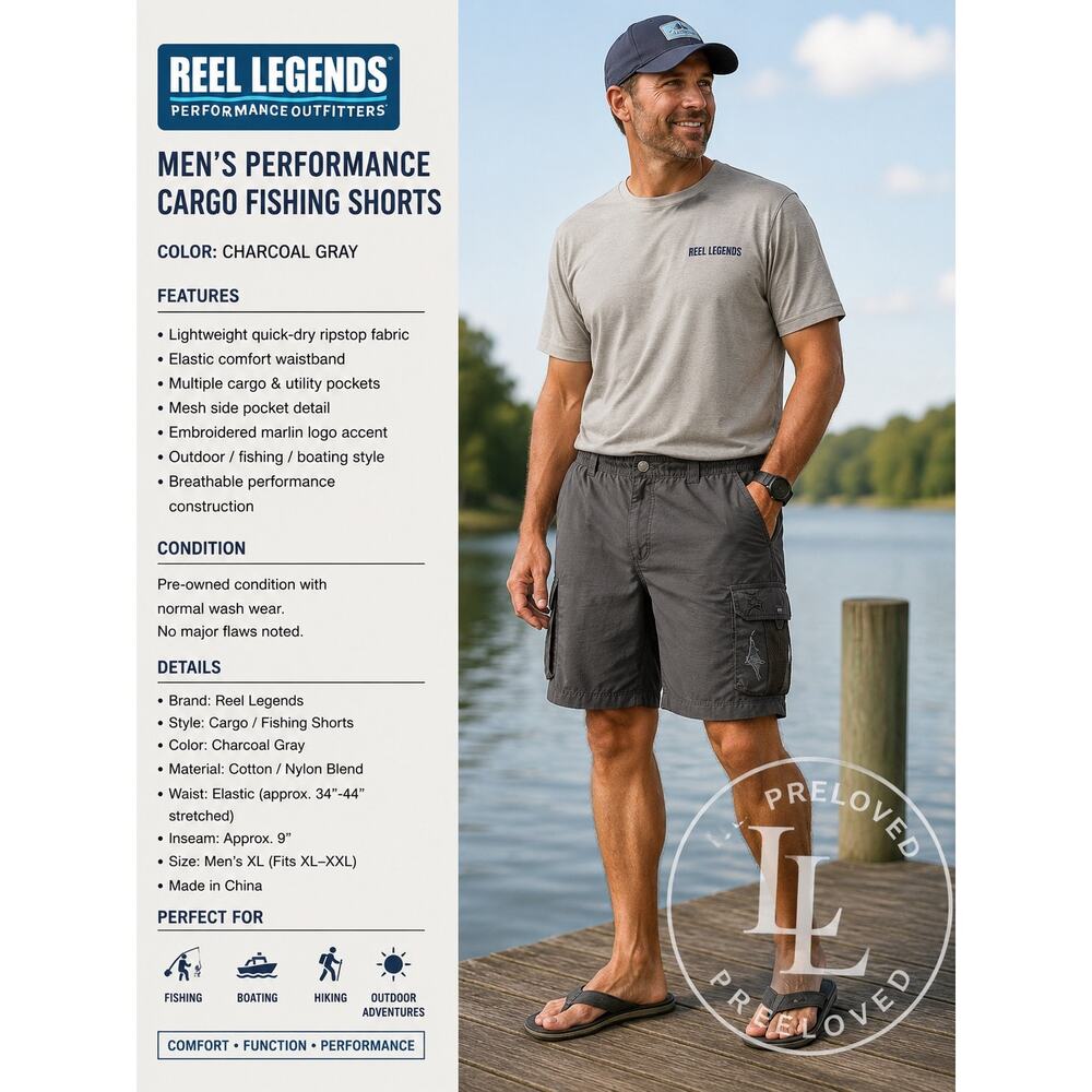 Reel‎ Legends Performance Fishing Cargo Shorts Mens XL Gray Outdoor Boating